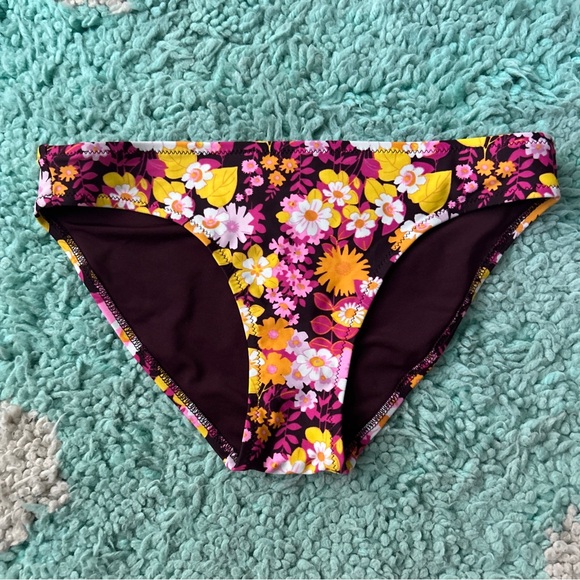 Aerie Bikini Bottom Swim Maroon Yellow Pink XS Ditsy Floral Print Classic White - Picture 1 of 3